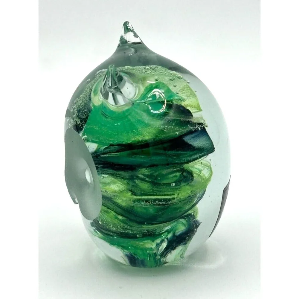 Kerry Glass Art Blown Glass Paperweight Owl‎ Green Swirl Hand Made in Ireland